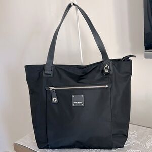 Henri Bendel Large Black Nylon/Staffiano Leather Tote Bag with Brand Story Card